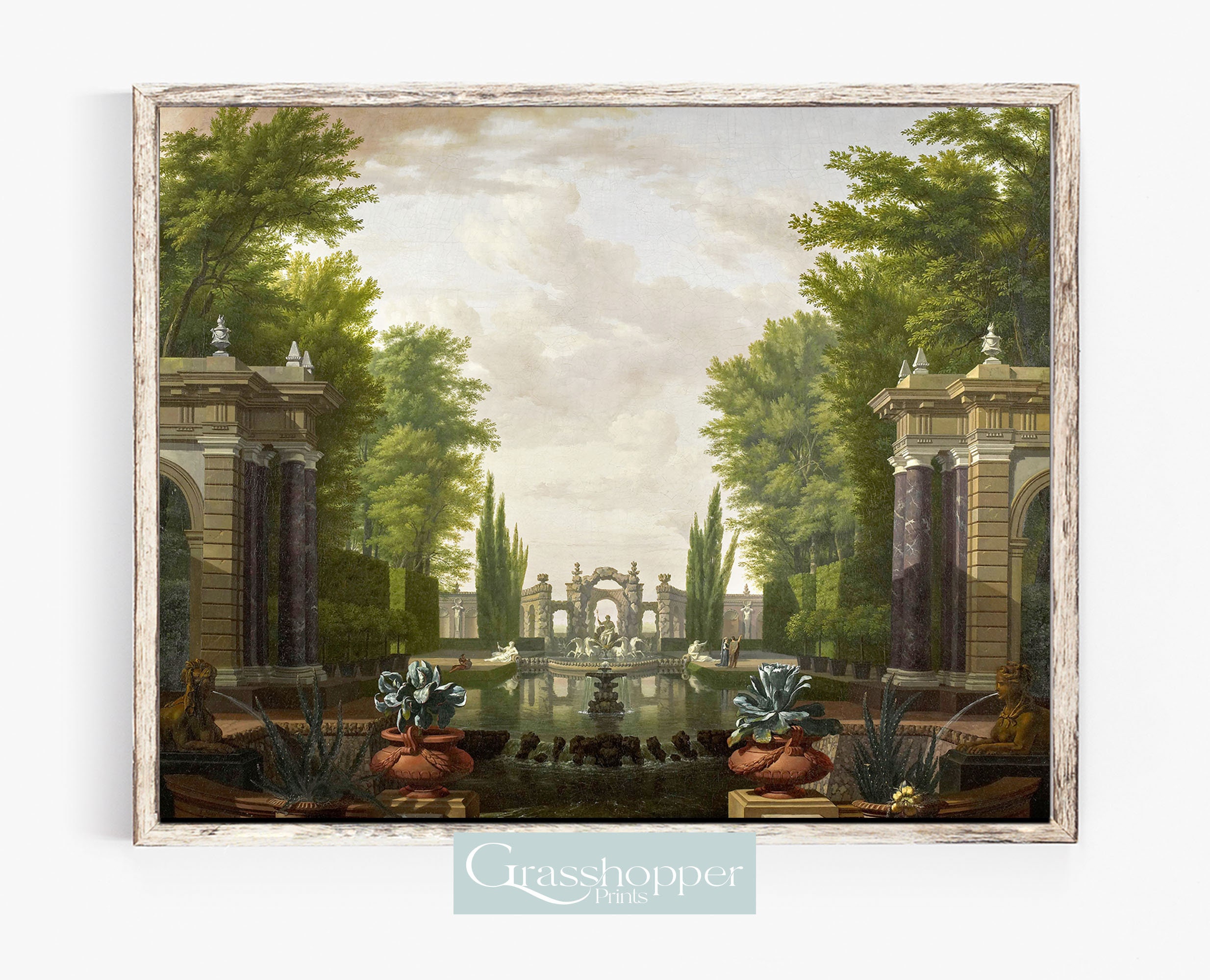 Formal Garden Print, Water Fountain Painting, European Estate Mural, Vintage Palace Landscape, PRINTABLE Wall Art, Digital DOWNLOAD