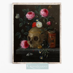 Skull and Roses Wall Art Print, Gothic Decor Art, Dark Flower Painting, PRINTABLE Wall Art, Digital DOWNLOAD