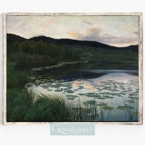 Vintage Countryside Landscape, Sunset Painting, Calm Lake Print, PRINTABLE Decor, Digital DOWNLOAD