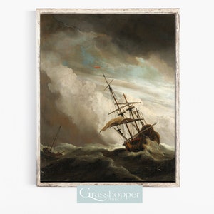 Moody Boat Seascape, Vintage Ship Painting, Antique Nautical Ocean Print, PRINTABLE Wall Decor, DIGITAL DOWNLOAD