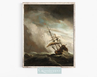 Humeurig bootzeegezicht, vintage schip schilderij, antieke nautische oceaan print, AFDRUKBAAR wanddecor, digitale DOWNLOAD