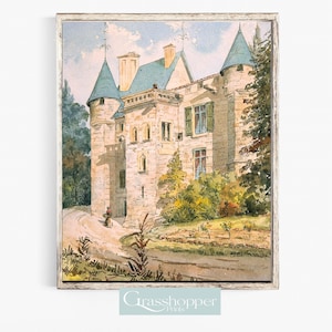 French Chateau Print, European Watercolour, France Landscape, PRINTABLE Wall Decor, Digital DOWNLOAD