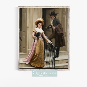 May include: A painting of a couple in 18th-century clothing standing on a staircase. The woman is wearing a pink and gold dress and a large hat. The man is wearing a black coat and a hat. The painting is framed in a white frame.