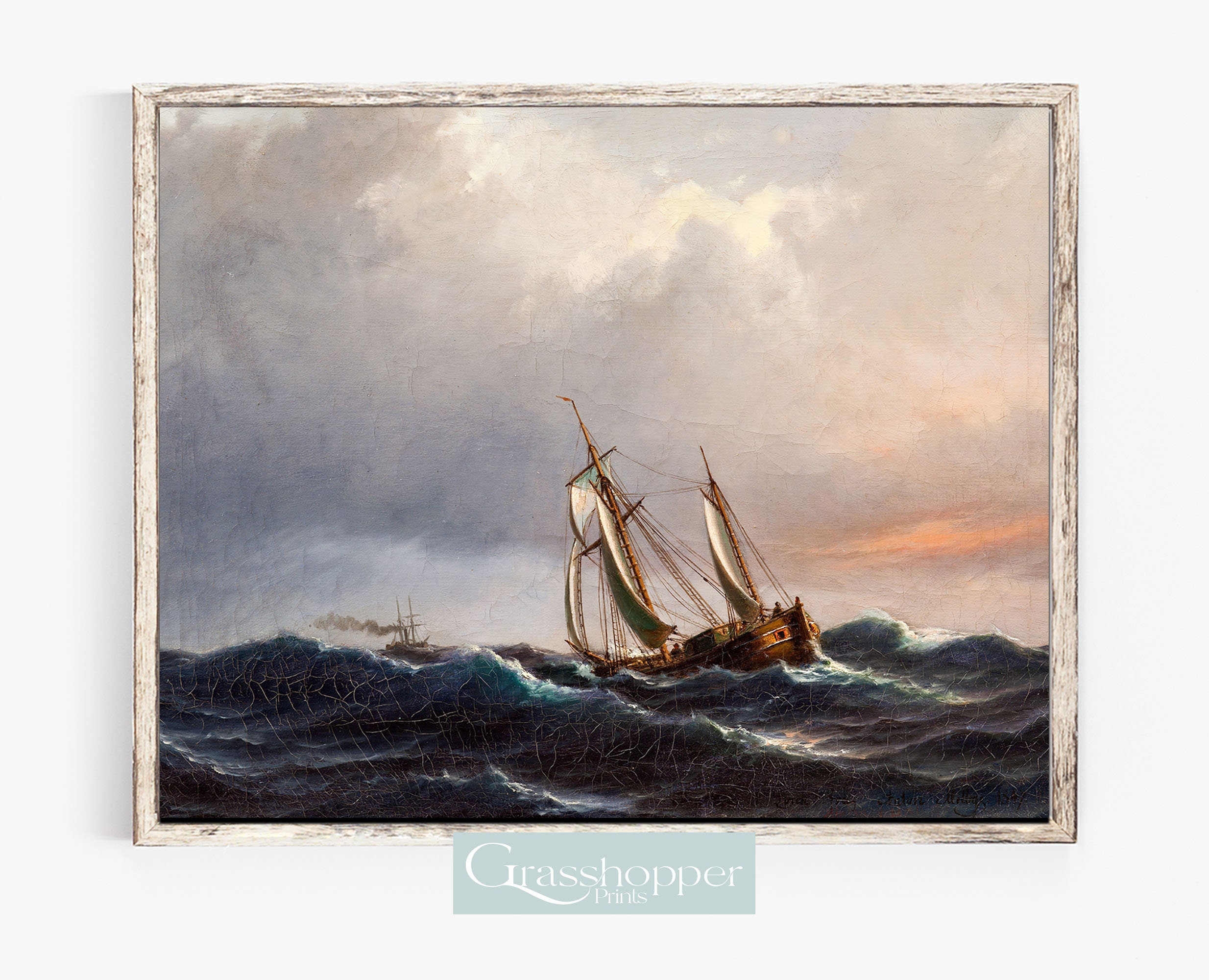 嵐の中の船、ヴィンテージボートの絵画、嵐の海景、海の波のプリント