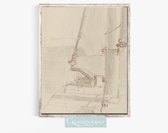Vintage Sailboat Sketch, Nautical Wall Decor, Antique Boat Drawing, PRINTABLE Wall Art, DIGITAL DOWNLOAD