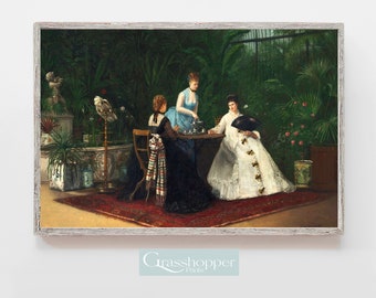 Vintage Conservatory Print, Victorian Tea Party, Portrait Women Painting, Emerald Green Decor, PRINTABLE Wall Art, Digital DOWNLOAD