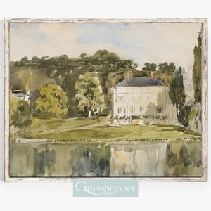 May include: A watercolor painting of a white house with a green roof, surrounded by trees and a lake. The house is situated on a grassy hill, with the lake reflecting the sky and trees.