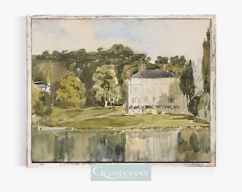 Französische Landschaft, Vintage Schlosshaus, Aquarell Landschaft Kunst, DRUCKBARE Wanddekoration, digitaler DOWNLOAD