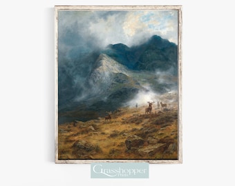 May include: A painting of a misty mountain landscape with a herd of red deer standing in the foreground. The sky is a light blue with white clouds, and the mountains are a dark green and brown. The deer are standing in a field of brown grass and rocks.