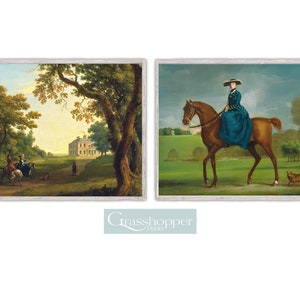 イギリスの田舎の絵画、ヴィンテージの馬のプリント、馬に乗る女性の肖像画、印刷可能な壁アートセット、デジタルダウンロード