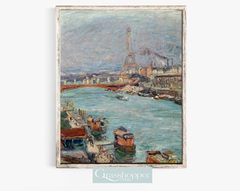impression de Paris vintage, peinture de la Seine, oeuvre d'art française antique, paysage de Paris, art mural imprimable, téléchargement numérique