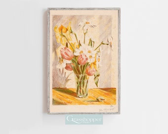 May include: A vintage illustration of a bouquet of pink tulips and white daffodils in a glass vase. The flowers are arranged in a vase on a wooden table. The illustration is in a white frame with a light gray border.