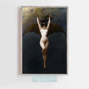 Vintage Fantasy Art, Victorian Goth Print, Bat Woman Portrait, Gothic Artwork, Printable Oil Painting, Witchy Wall Art, Digital DOWNLOAD