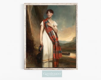 May include: A painting of a woman wearing a white dress and a red and blue plaid shawl. She is standing in a landscape setting with trees and a body of water in the background.