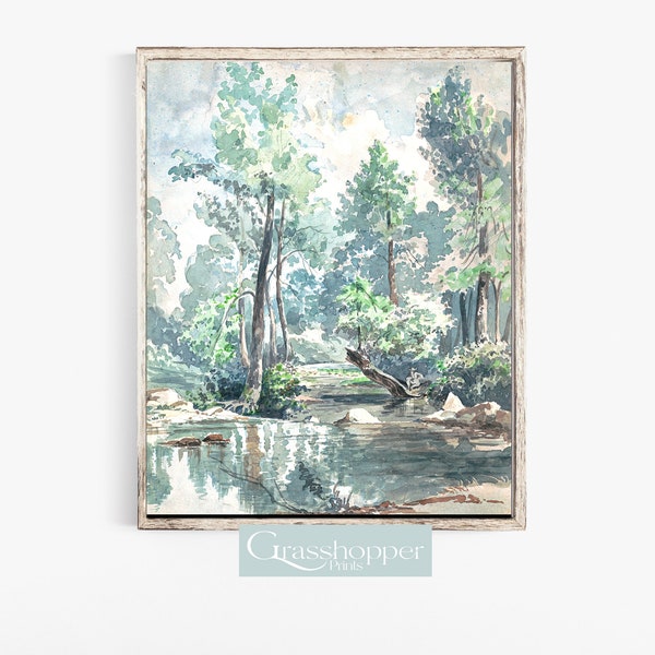 Tree Watercolour, Forest River Prints, Vintage Landscape, PRINTABLE Wall Art, DIGITAL DOWNLOAD