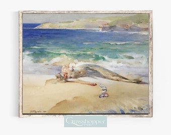 マーメイドアートプリント、ヴィンテージビーチ水彩画、バスルームの壁装飾、印刷可能な壁アート、デジタルダウンロード