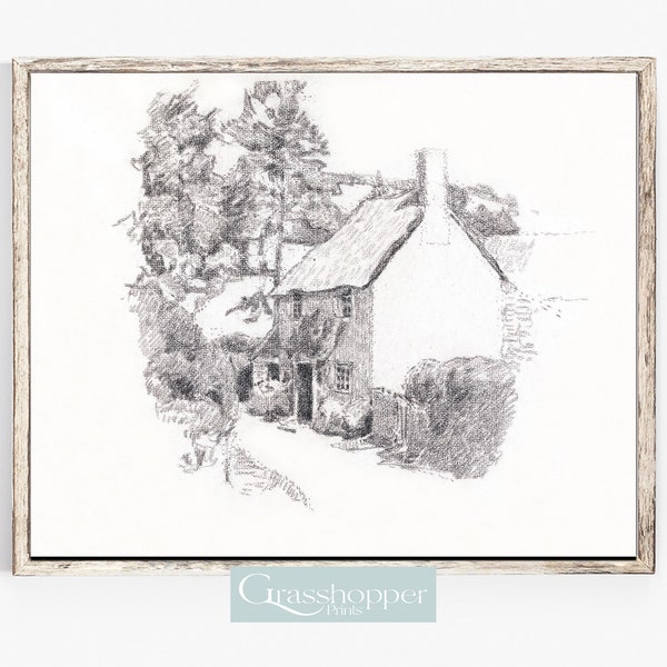 Vintage Cottage Sketch, Farmhouse Decor Print, PRINTABLE Wall Art, DIGITAL DOWNLOAD