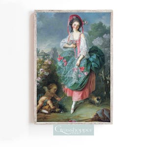 May include: A framed print of a classical painting featuring a woman in a pink and green dress, a cupid, and a small dog. The woman wears a red hat and holds flowers. The artwork has a soft, pastel color palette and is set in a garden.
