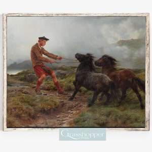 Pintura de cavalo vintage, paisagem de Shetland, impressão da Escócia, Terras Altas da Escócia, arte de parede IMPRIMÍVEL, DOWNLOAD digital