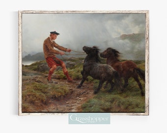 May include: A painting of a young boy in a kilt pulling on the reins of two ponies in a misty landscape. The boy is wearing a red kilt and a blue cap. The ponies are brown and black.