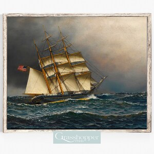 May include: A painting of a ship with white sails sailing on a choppy sea under a cloudy sky. The ship is flying an American flag.