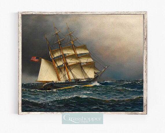 Vintage Ship Print, Stormy Seas Painting, Moody Seascape Artwork, PRINTABLE  Coastal Decor, DIGITAL DOWNLOAD