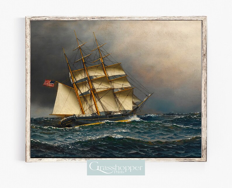 May include: A painting of a ship with white sails sailing on a choppy sea under a cloudy sky. The ship is flying an American flag.