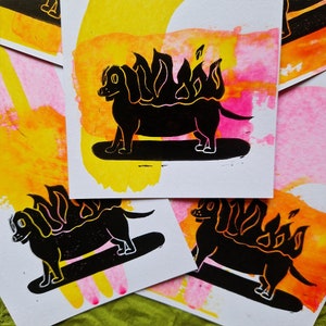 cartolina hot dog - stampa su linoleum realizzata a mano con tecnica mista, ogni copia è unica