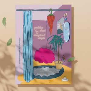 Könnte beinhalten: Illustration eines Innenraums mit Vorhang, hängender Chilischote, Topfpflanze und rosa Wolke. Der Text auf dem Bild lautet "golden & dust magical drops" und "immerwährender Wandkalender".