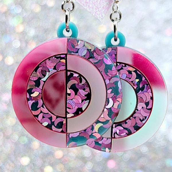 80's & 90's Inspired Acrylic Earrings, Geometric Circles, Holographic Accents, Bright Colorful Dangles, Party Earrings, Unique Gift Idea