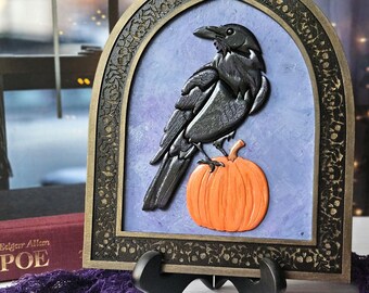 Unique Handmade Raven & Pumpkin Gothic Wall Art – Hand-Painted Wood, Arched Frame (10x13)