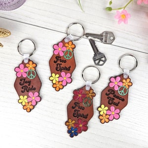 Vintage Leather Keychain: Handpainted Boho Motel Style with Flowers