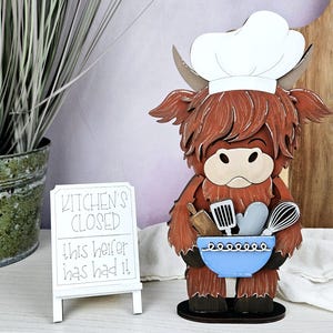 Adorable Highland Cow Kitchen Shelf Decor | Hand-Painted Wood Cow with Chef Hat & Bowl | Whimsical Kitchen Counter Decor with Menu Sign