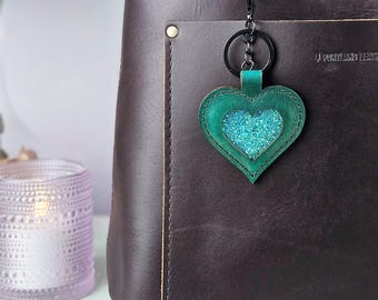 Handmade Green Leather Heart Bag Charm: Acrylic Centerpiece Keychain