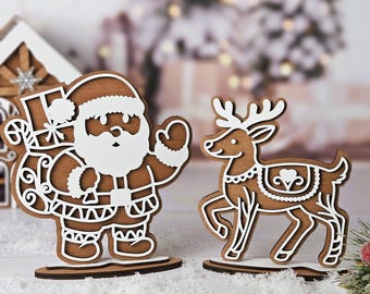 Gingerbread Santa and Reindeer Set Wooden Christmas Holiday Tabletop Decor