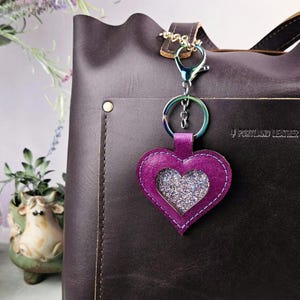 Unique Leather Heart Bag Charm with Sparkling Acrylic Centerpiece | Cute Purse Accessory | Leather Keychain | Key Fob | Purple Leather Charm
