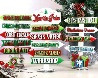 Whimsical Handpainted North Pole Direction Signs for Christmas Shelf or Mantel Decor