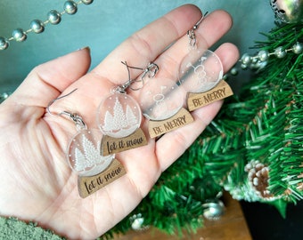 Snow Globe Earrings – Minimalist Christmas Jewelry in Wood and Frosted Acrylic