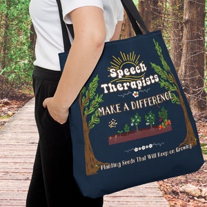 Speech Therapist Blue Canvas Plant Seeds Strawberry Tote Bag, Gift For Therapist, Work Bag, Office Tote, Library Bag, Shopping Bag, Gifts