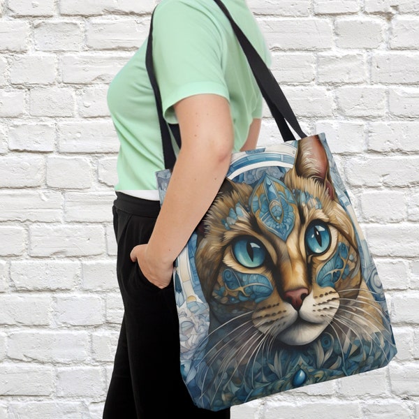 Blue Cat Tote Bag, Abstract Cat Tote, Cat Lover Gift, Reusable Shopping Bag, School Tote, Library Book Bag, Tabby Cat Art, Work Tote Bag