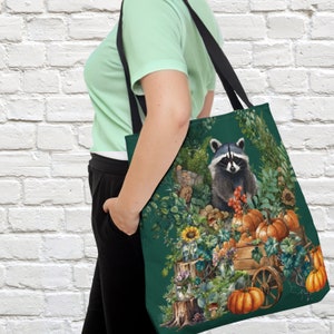 Racoon Tote Bag, Canvas Fall pumpkin Mushroom Artsy Travel, Shopping, Work Bag