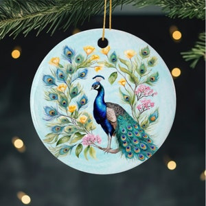 Peacock Watercolor Ceramic Christmas Ornament, Gift for Bird and Nature Lovers, Symbolic Peacock Design