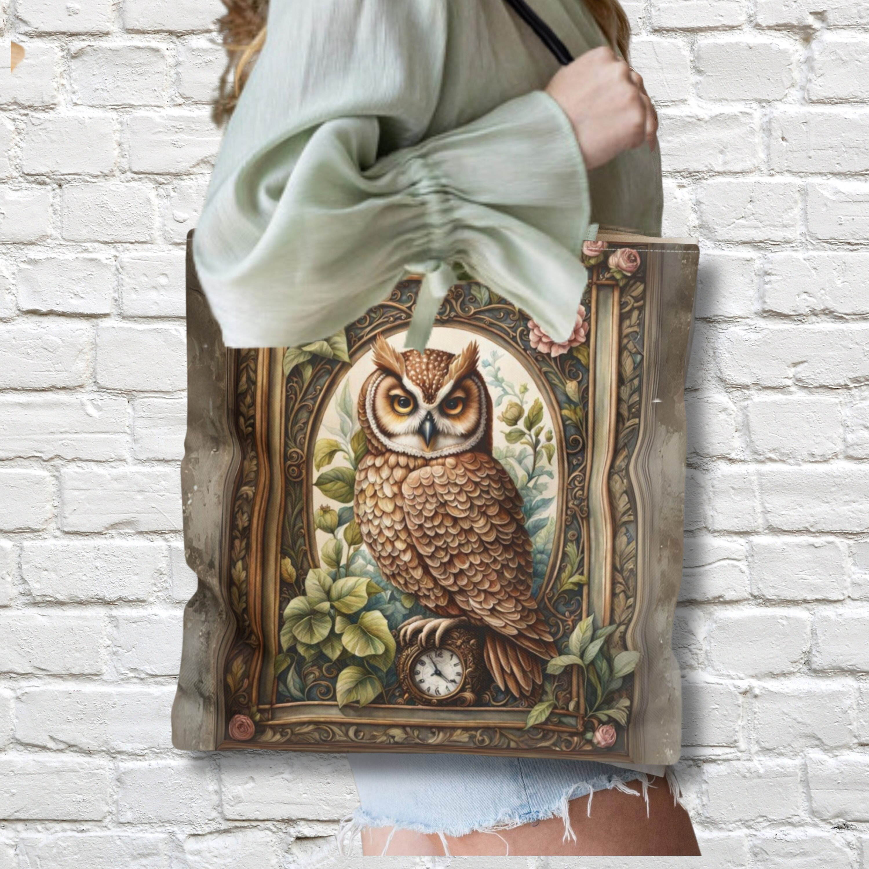 Artsy Floral Watercolor Owl Vintage Victorian Boho Style Tote Bag, Elegant Dainty Fashion Accessory,