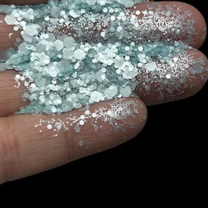 May include: A close-up of a hand holding a pile of light blue and silver glitter. The glitter is a mix of small and large hexagons and round shapes.