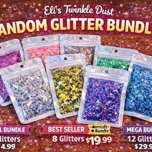 May include: Assortment of glitter bundles in clear pouches. The image features the text "Eli's Twinkle Dust" and "Random Glitter Bundles!" with bundle options: Small (5 glitters), Best Seller (8 glitters), and Mega (12 glitters).