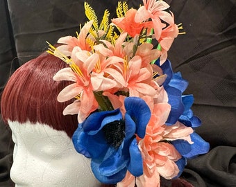 Giant Tiki Floral Hair Clip, Blue and Peach Flowers, Wedding, Hawaiian, Headpiece