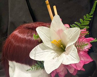 Pretty in Pink large hair flower clip with white lily and pink dahlias, pin up, glamorous, photo shoot, tiki