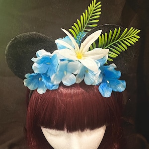 Blue flower hairband with mouse ears, Tiki, Pin Up, Floral Crown, Summer hairstyle, Photo Shoot, Dapper Day, Tiki Room