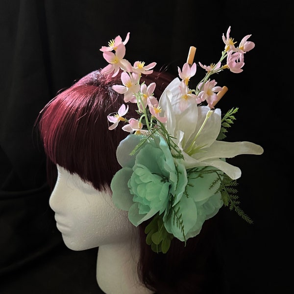 Spring floral hair clip with pink and teal flowers, white lily, pin up, glamorous, photo shoot, tiki