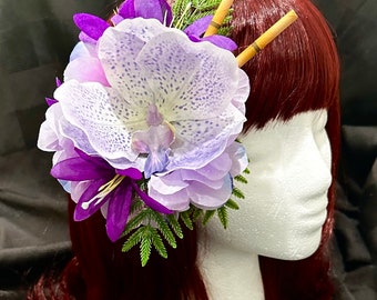 Large tropical floral hair clip with lavender orchid, pin up, glamorous, photo shoot, tiki